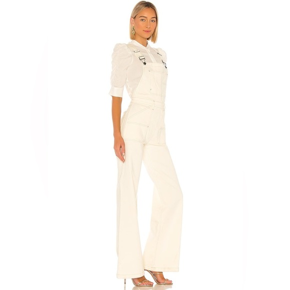 FRAME NWOT Cream Ecru Denim High Waist Flare Overalls Utility Jumpsuit, Size S - Picture 2 of 14